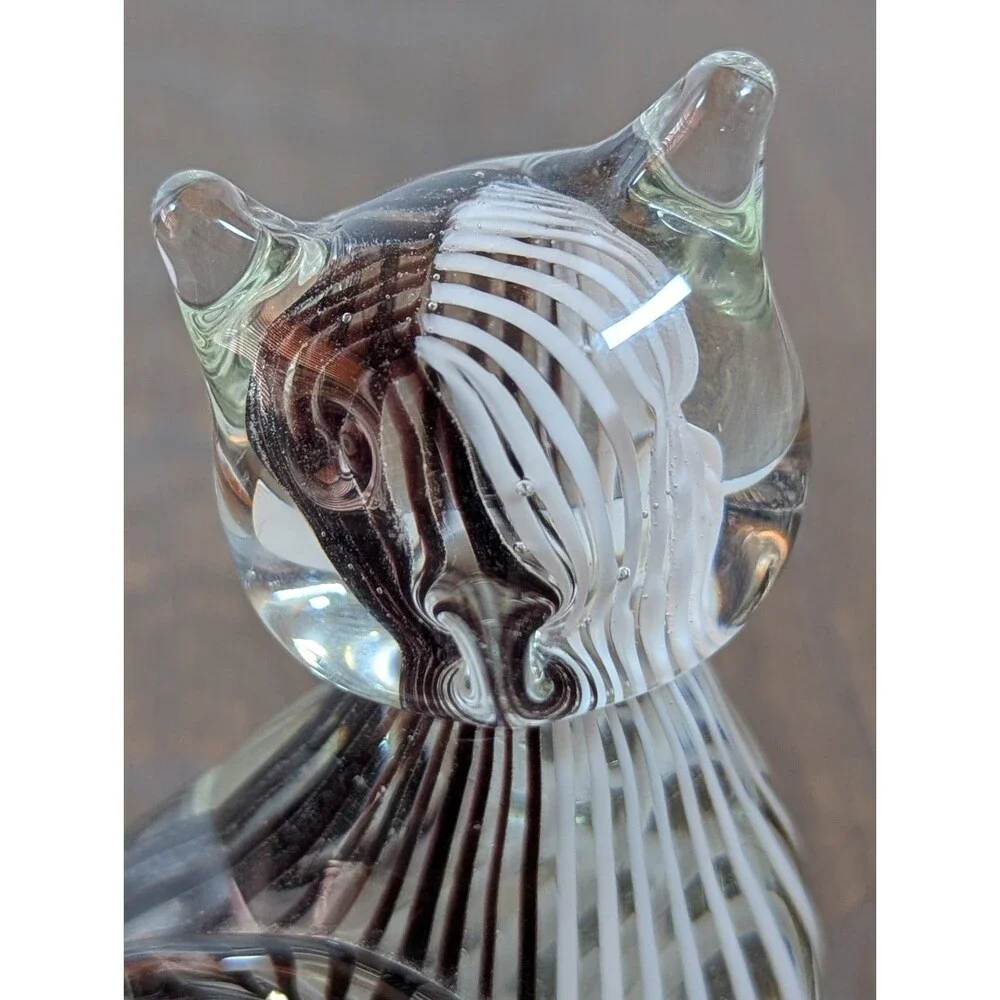 Murano Style Art Glass Paperweight Cat Figurine Black White Strip 4.5